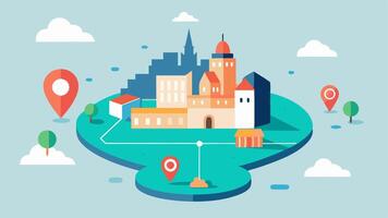 AR Guided Tour A remote tour guide showcasing a city through AR by overlaying historical information and visuals onto a realworld map with viewers interacting from their homes.. vector