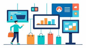 Interactive Digital Signage Digital signs p throughout the store that change based on shopping trends displaying recommendations and promotions based on data analytics.. vector
