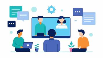 Collaboration between Teams Workers at a site and a remote team collaborated through devices with a large screen showing the digital twin model as they discuss updates in realtime.. vector