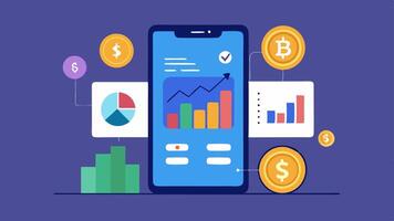 Mobile App Interface An illustration of a smartphone screen displaying a cryptocurrency trading app with graphs cryptocurrency icons and transaction buttons. The phone is. vector