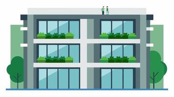 Hanging Garden Complex A multitiered building that resembles a lush vertical garden. The interconnected sections are composed of sleek metallic frames with large rectangular. vector