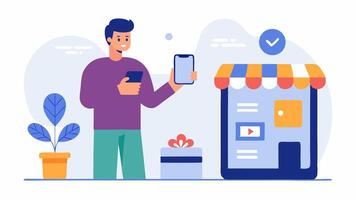 Loyalty Rewards with Digital Payment A customer at a retail store receiving digital loyalty points on their phone after making a contactless payment.. vector