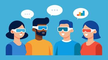 MultiPerson Interaction A group of diverse people talking together with each wearing the smart glasses showcasing how they can understand each other through the device.. vector