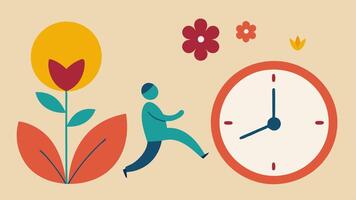 Clock Imagery The left side depicts a hurried clock with running figures while the right shows a relaxed clock with slowmoving flowers and a person practicing yoga indicating the. vector