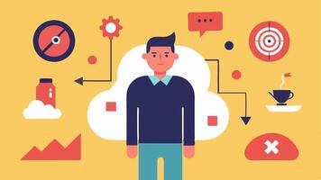 Each of these illustrations captures different aspects of selfsabotage providing a visual representation of the subconscious barriers that can impede goal achievement.. vector