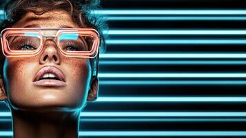 A woman wearing neon glasses in front of a neon light photo