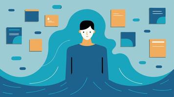 Lost in the Feed An abstract depiction of a figure submerged in a sea of digital content. The body is partially transparent blending into a collage of text and images that form a. vector