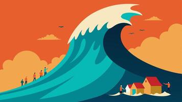 Tsunami Wave A dramatic depiction of a towering tsunami wave approaching a coastal area with people evacuating on higher ground.. vector