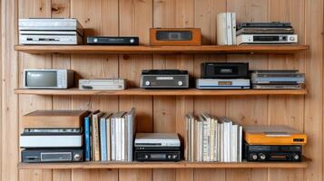 A shelf with many different types of electronics on it photo