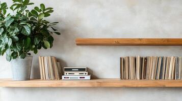 A wooden shelf with books and a plant photo