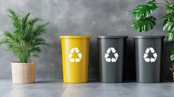 Three recycling bins with plants in front of them photo