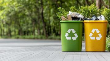 Two recycling bins sitting on a wooden floor photo