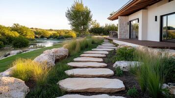 Stepping stones lead to a house with a river in the background photo