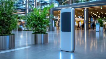 A large white electronic device in a large building photo