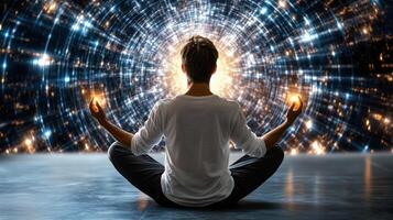 A man sitting in meditation with his hands outstretched photo