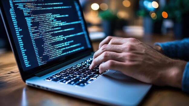 A person typing on a laptop with code on it photo