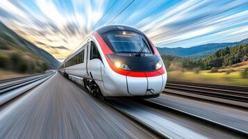 A high speed train traveling down the tracks photo
