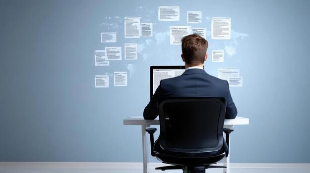 A man in a suit sitting at a desk with a computer screen and a wall of documents photo