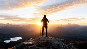 A man standing on top of a mountain with his skis photo