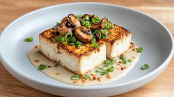 A plate with tofu and mushrooms on it photo