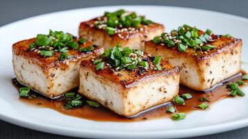 A plate of tofu with sesame seeds and sauce photo