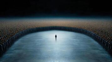 A man stands in front of a crowd of people photo