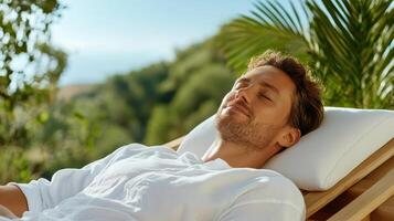 A man is relaxing in a chair with his eyes closed photo