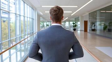 A man in a suit is looking out a window photo