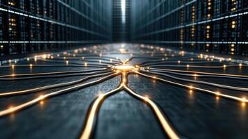 A network of data cables in a dark room photo