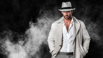 A man in a hat and coat standing in smoke photo