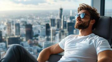 A man in sunglasses is relaxing in a chair with a city view photo