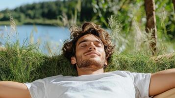A man is laying in a hammock by a lake photo