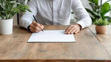 A man is signing a document on a wooden table photo