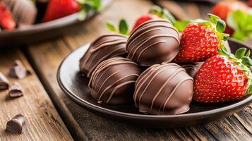 Chocolate covered strawberries on a wooden table photo