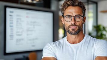 A man with glasses and a beard is standing in front of a whiteboard photo