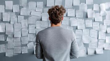 A man standing in front of a wall covered with post - it notes photo