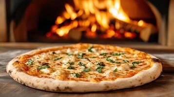 A pizza sitting on a table in front of a fireplace photo