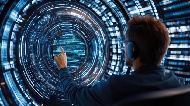 A man is pointing at a computer screen with a circular pattern photo