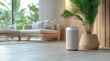 A smart speaker and a plant in a living room photo