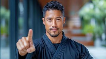 A man in black kimono pointing at the camera photo