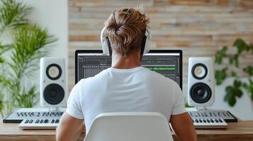 A man wearing headphones sits at a desk with a computer and headphones photo