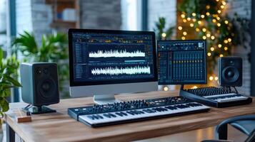 A computer with a keyboard, mixer and speakers on a desk photo