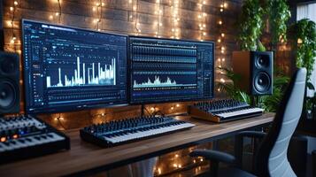 A computer with two monitors and a keyboard photo