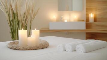 A spa room with candles and towels on the bed photo