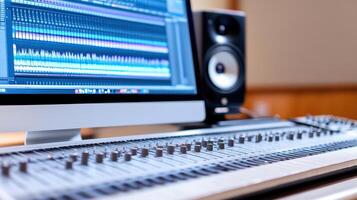 A computer monitor and mixer in a recording studio photo