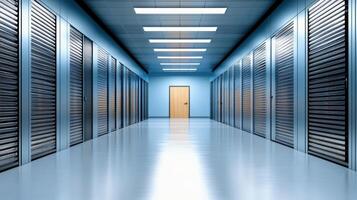 A long hallway with several storage units photo