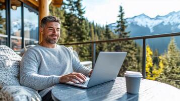 A man sitting on a chair with a laptop in front of a mountain view photo
