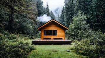 A small cabin in the woods with smoke coming out of it photo