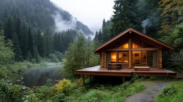 A cabin sits on a deck overlooking a river photo