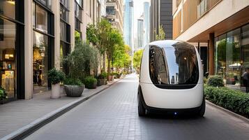 A self driving car is driving down a city street photo